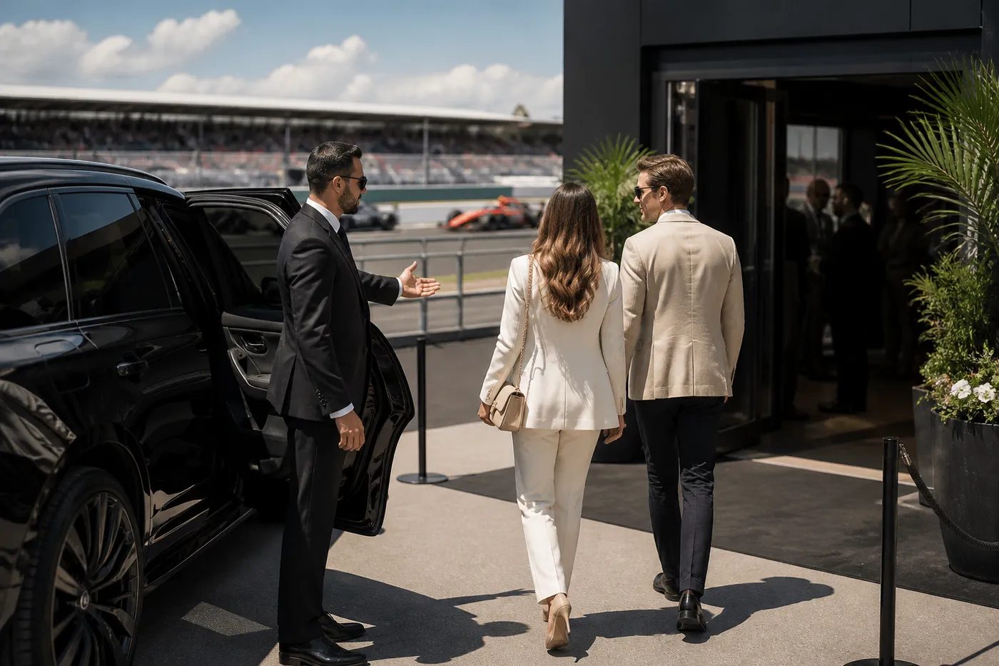 A chauffeur-driven arrival on race weekend