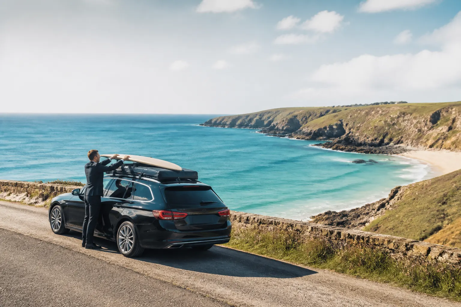 A chauffeur unloading above a Cornish cove