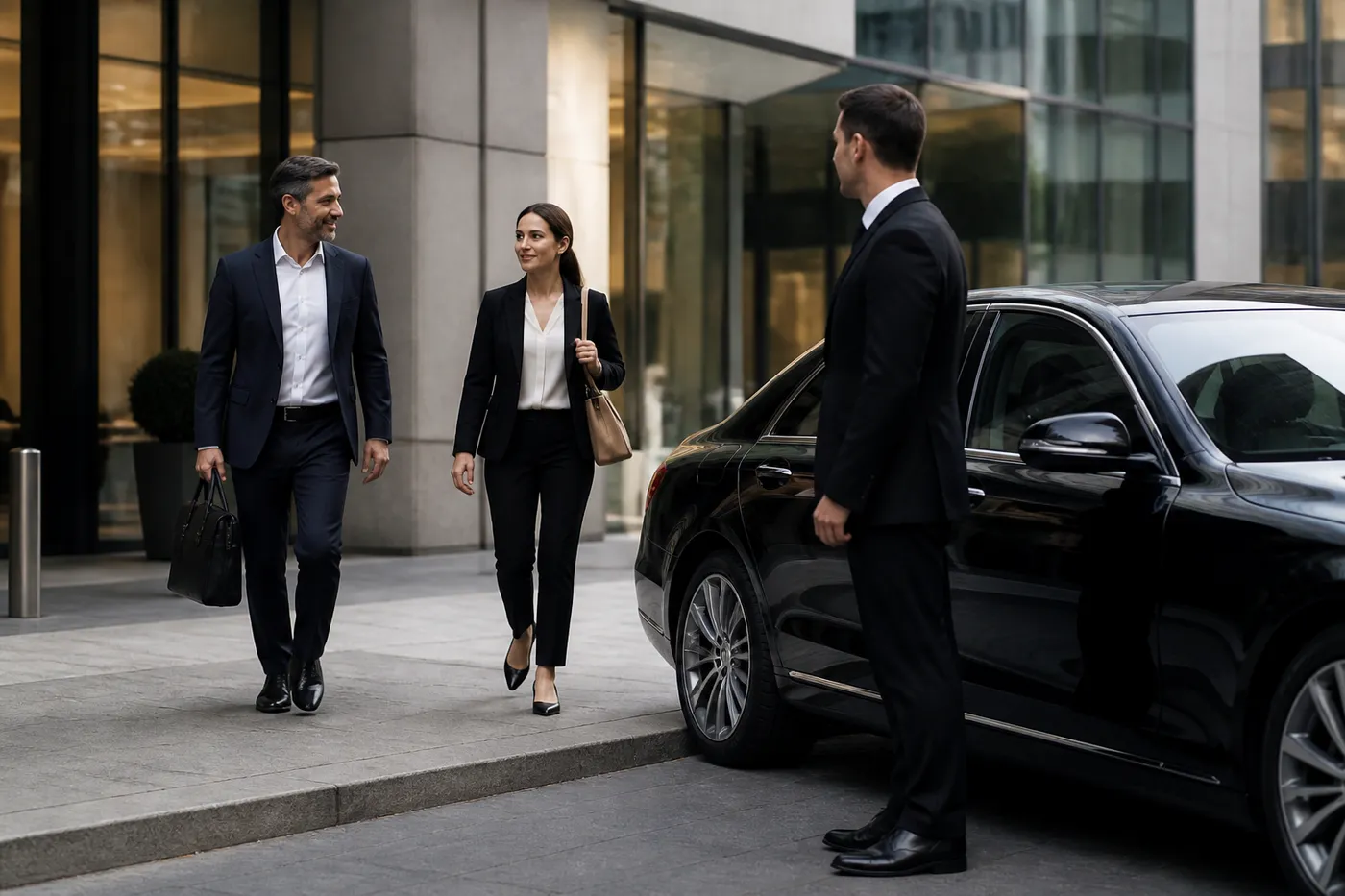 A chauffeur waiting by the car as two colleagues leave a meeting