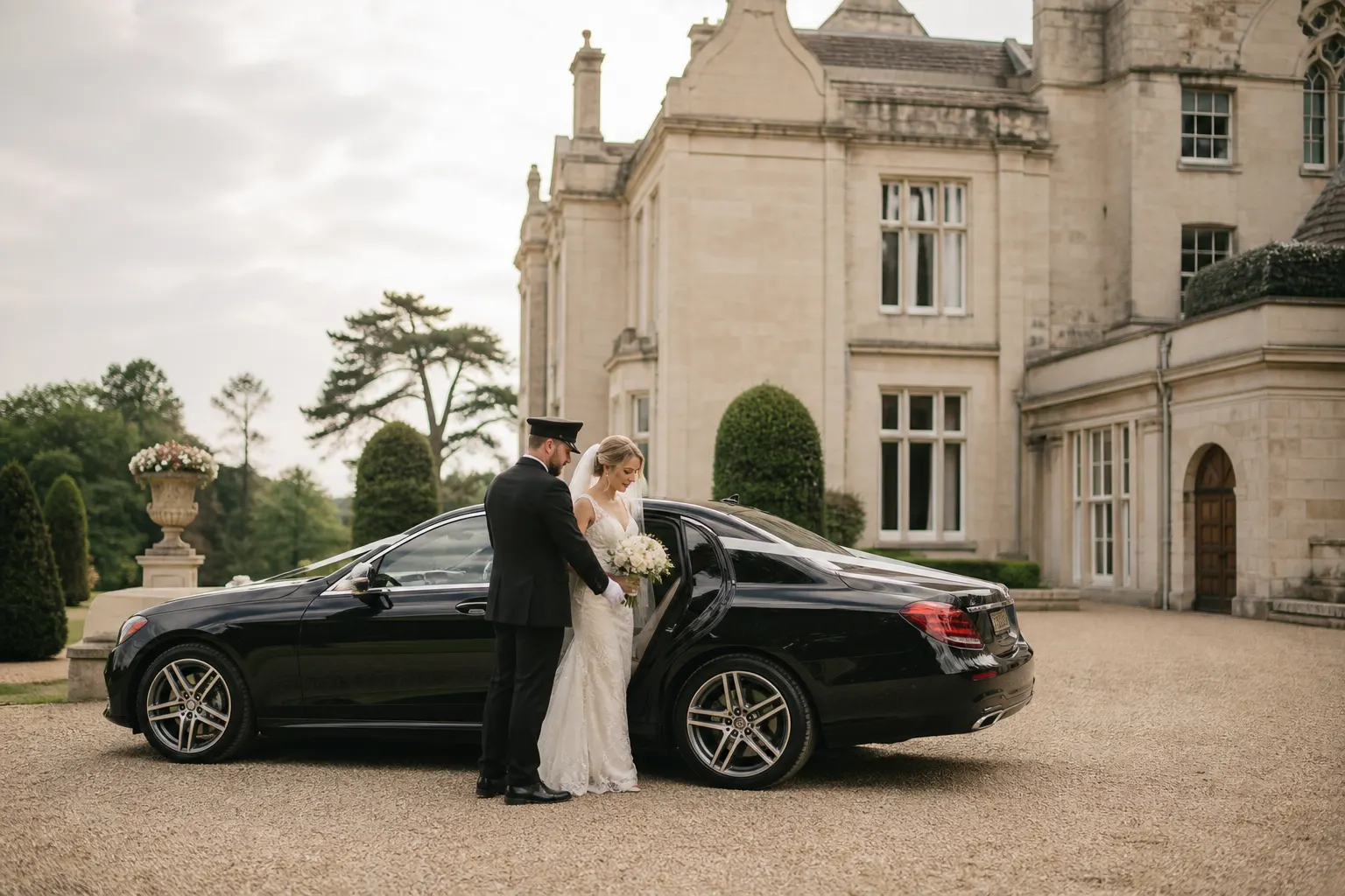 A chauffeur handing the bride into the car on the drive of a country manor