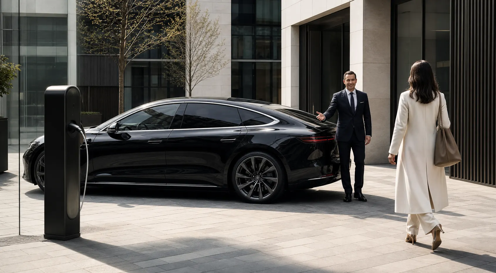 A chauffeur waiting at the open door of the car as a passenger walks out
