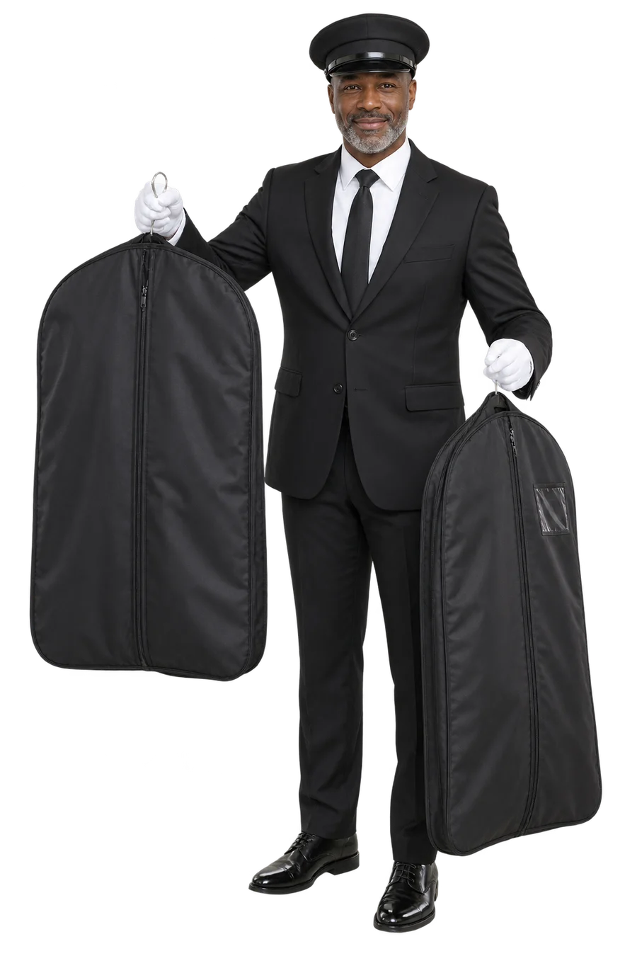 A chauffeur carrying garment bags up from the car