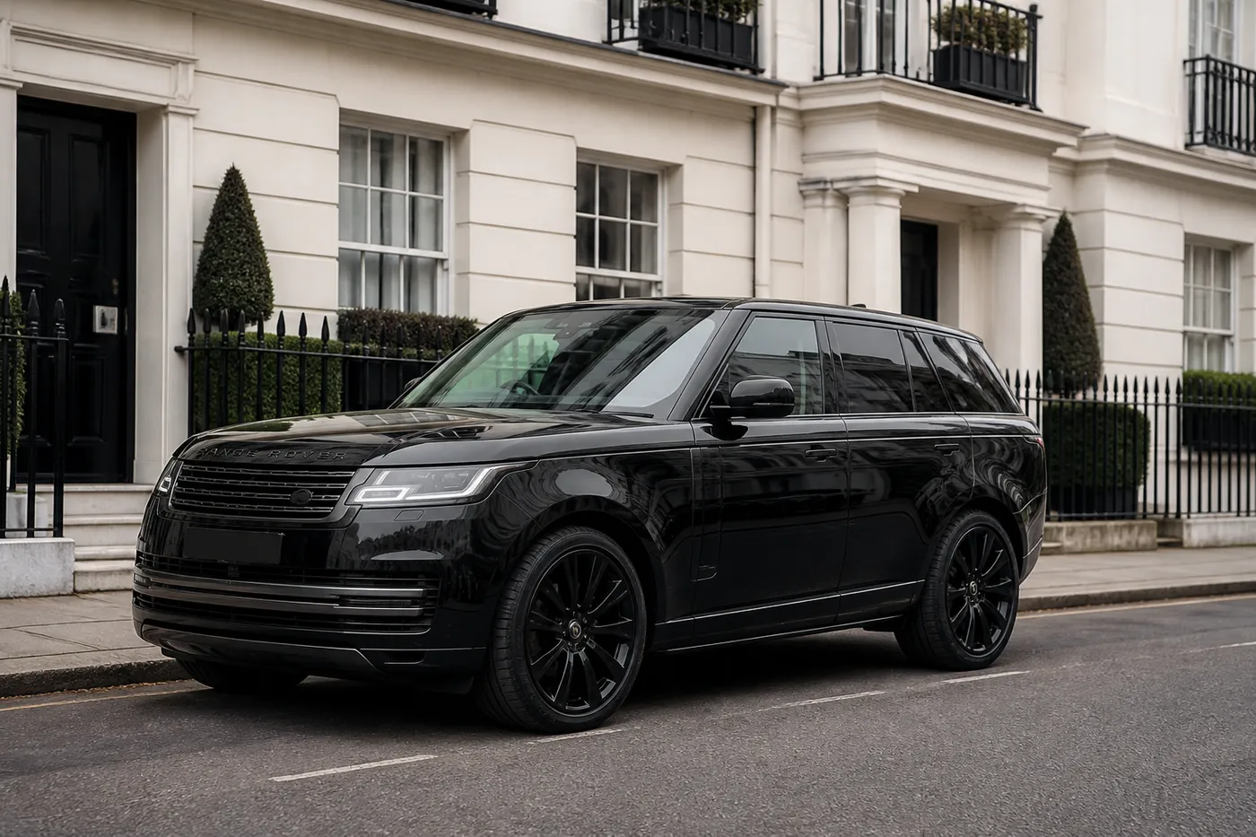 A chauffeur-driven SUV on a white stucco street in central London