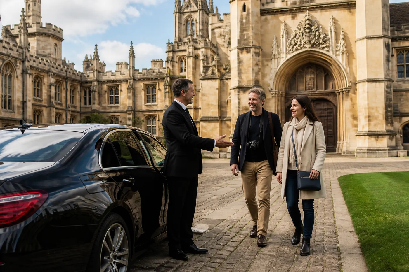 A chauffeur meeting guests in an Oxford quadrangle midway through a tour