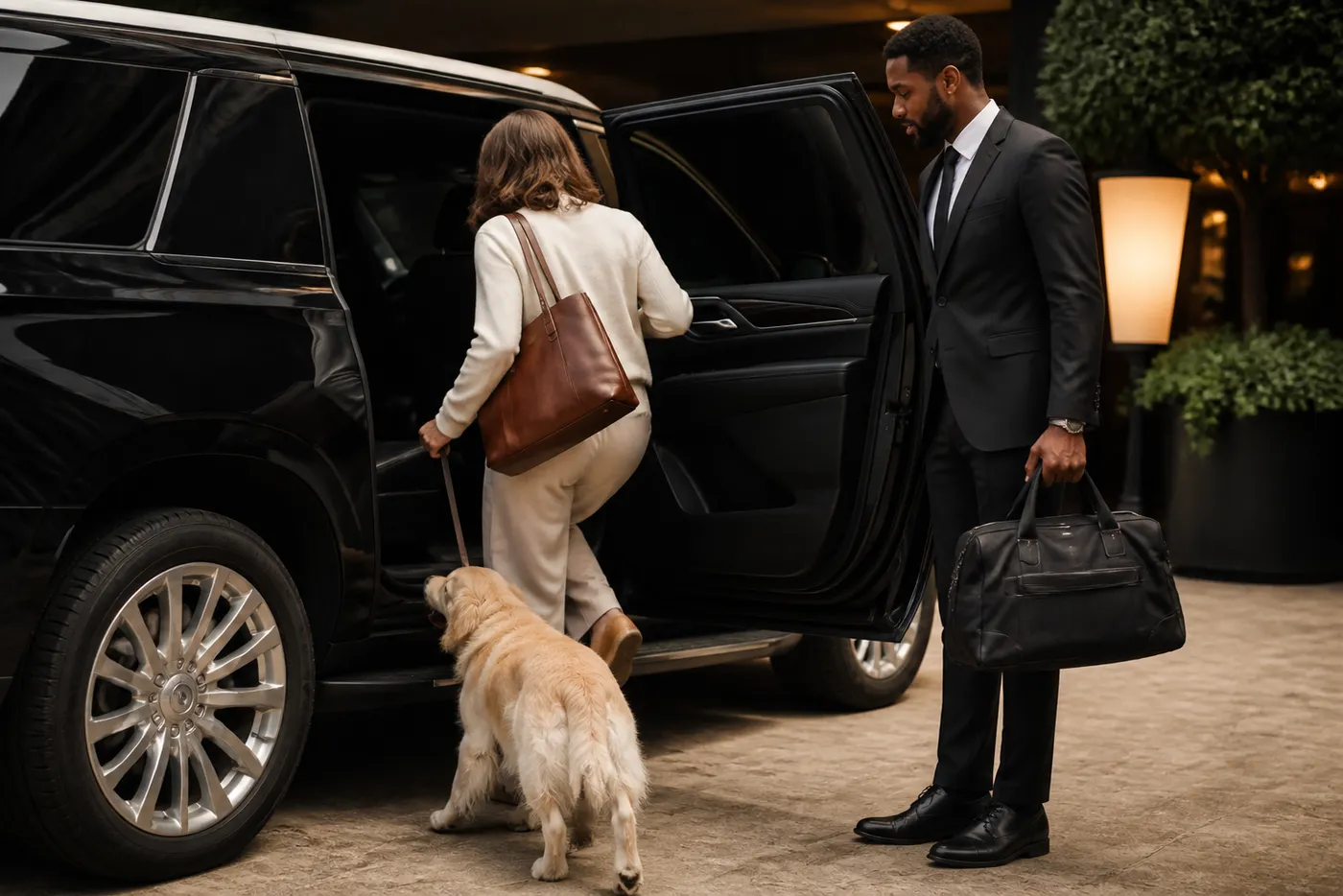 A chauffeur settling a client's dog into the car before setting off