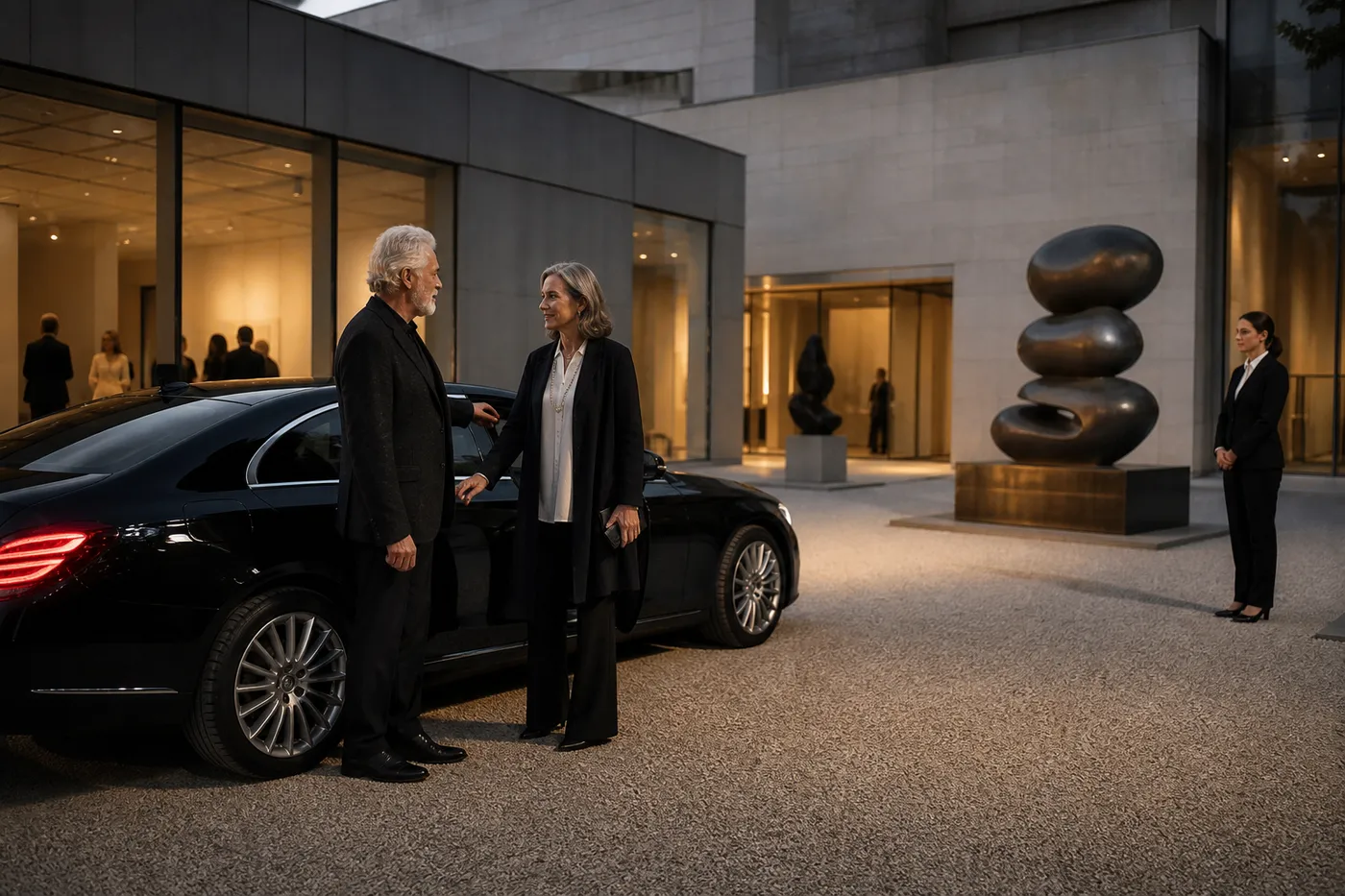A car kept at the door of a private view while the evening runs on