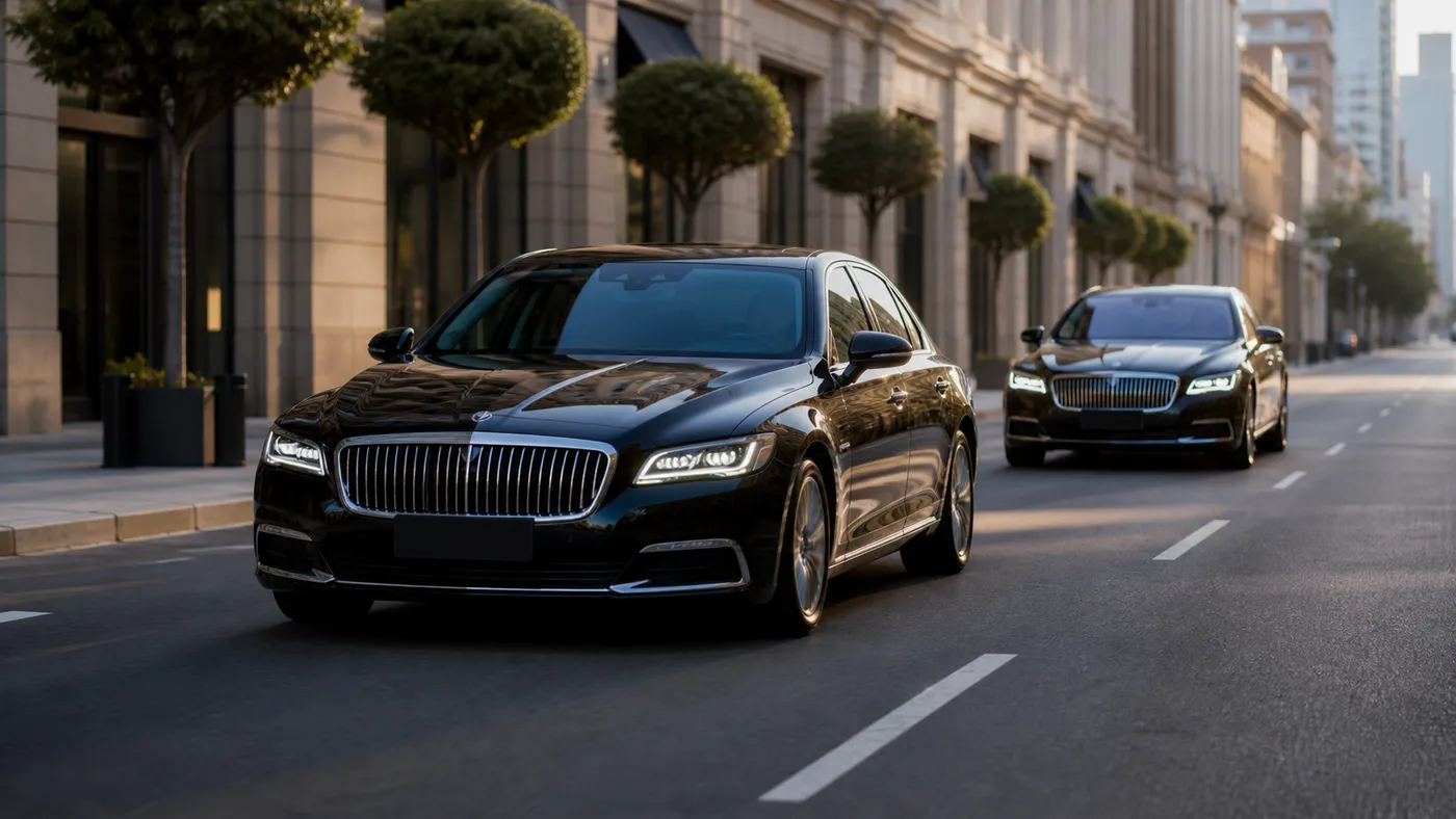 Two chauffeur-driven saloons running together through the city